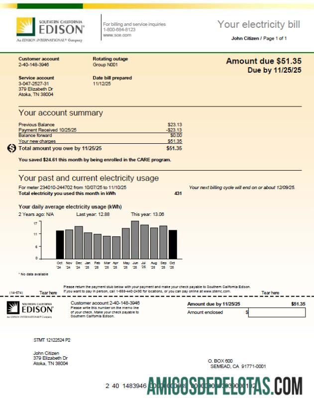em branco Modelo de conta de serviços públicos Edison do sul da Califórnia dos EUA em formatos Word e PDF, versão 3